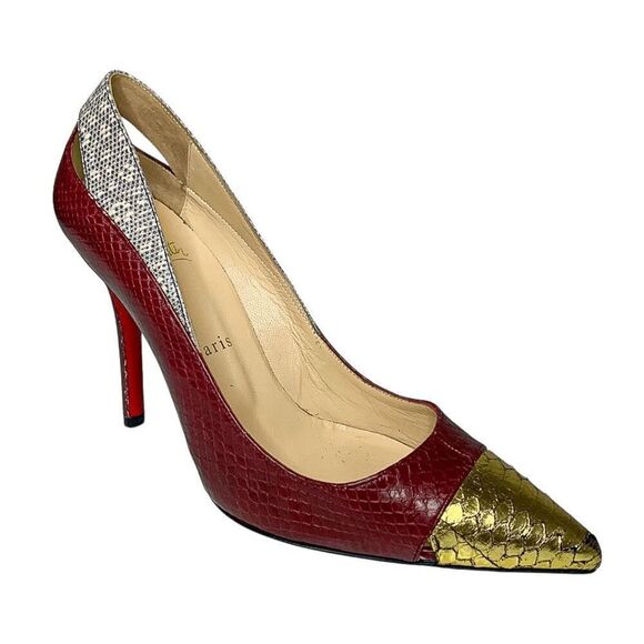 Christian Louboutin Snakeskin Embossed Cutout Pump EU 37.5 US 7.5 Red High Heels - Picture 1 of 12